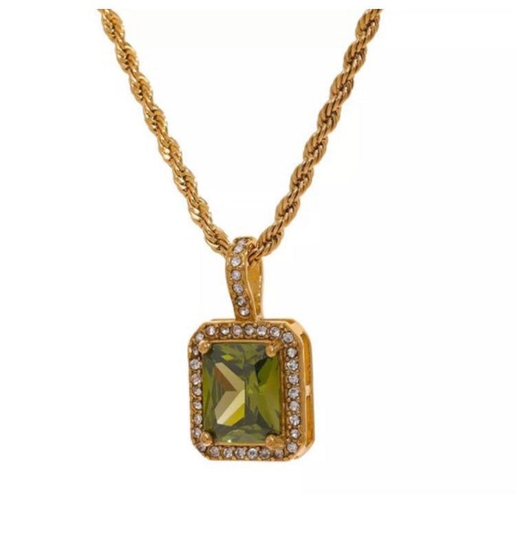 Gold Square Pendant Crystal Necklace
