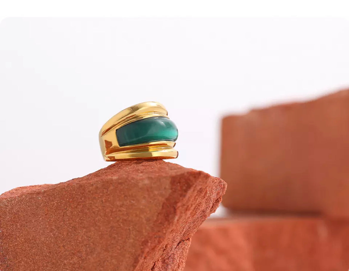 Gold Green Agate Chunky Ring
