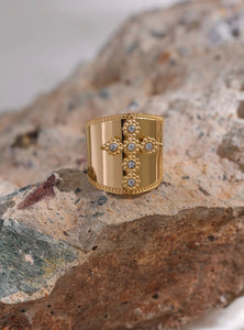 Gold Adjustable Crystal Cross Ring