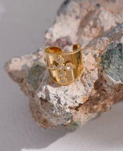 Gold Adjustable Crystal Cross Ring