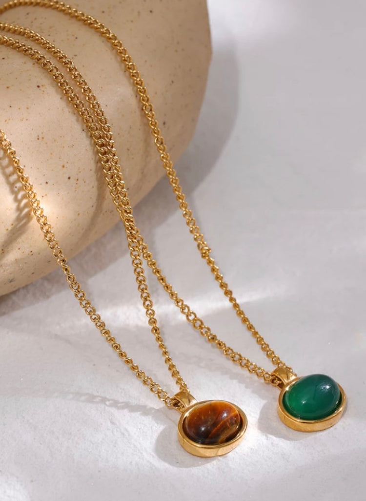 Gold Gemstone Pendant Necklace- Tigers Eye & Agate