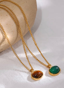 Gold Gemstone Pendant Necklace- Tigers Eye & Agate