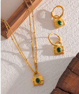 Gold Padlock Emerald Green Jewelry Set