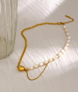 Gold Pearls and Love Chain Necklace