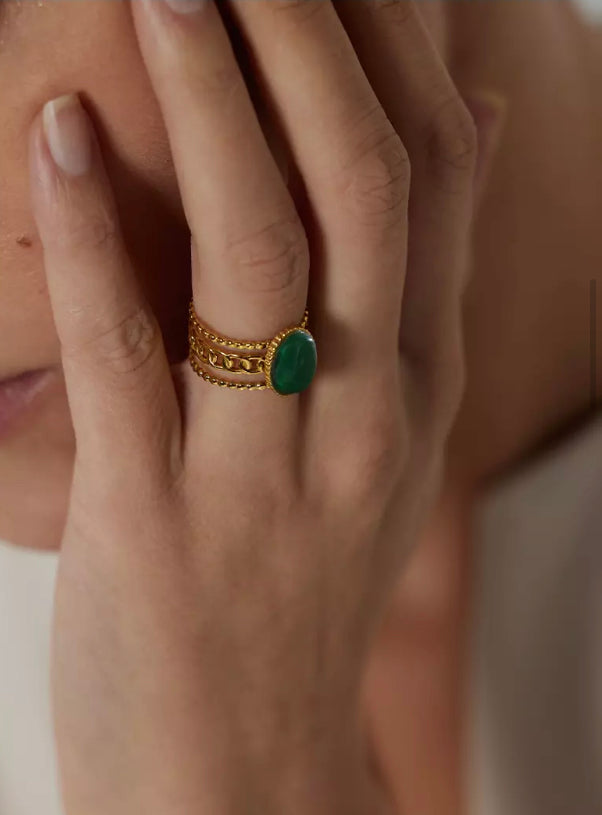 Gold Green Agate Ring